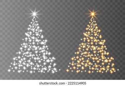 Shiny Christmas tree. Glittering lights in the form of a Christmas tree with bright shining and glowing particles. Golden glowing spruce in a luxurious design. Vector illustration on png background.