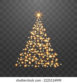 Shiny Christmas tree. Glittering lights in the form of a Christmas tree with bright shining and glowing particles. Golden glowing spruce in a luxurious design. Vector illustration on png background.