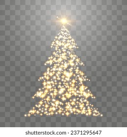 Shiny Christmas tree. Glittering lights in the form of a Christmas tree with bright shining and glowing particles. Golden glowing spruce in a luxurious design. Vector isolated on png background