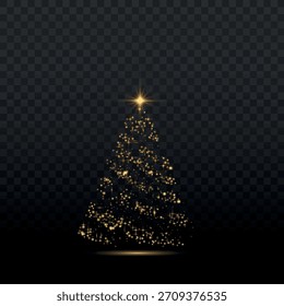 Shiny Christmas tree. Glittering lights in the form of a Christmas tree with bright shining and glowing particles. Golden glowing spruce in a luxurious design. Vector isolated on png background
