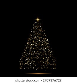 Glänzender Christbaum. Glitzernde Lichter in Form eines Weihnachtsbaums mit leuchtenden und leuchtenden Partikeln. Golden glühende Fichte in einem luxuriösen Design. Vektor einzeln auf Ping-Hintergrund
