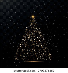 Árbol de Navidad brillante. Luces brillantes en forma de árbol de Navidad con partículas brillantes y brillantes. Abeto dorado brillante en un diseño lujoso. Vector aislado sobre fondo png
