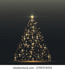 Árbol de Navidad brillante. Luces brillantes en forma de árbol de Navidad con partículas brillantes y brillantes. Abeto dorado brillante en un diseño lujoso. Vector aislado sobre fondo png
