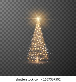 Shiny Christmas tree with glowing hanging garland lights season greetings template on checkered background. Vector eps10.