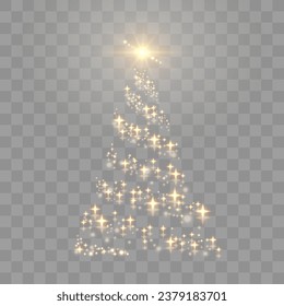 Un brillante árbol de Navidad. Abeja dorada en un diseño lujoso. Luces relucientes en forma de árbol de Navidad con partículas brillantes y brillantes. Vector en el fondo de png.