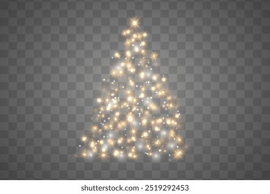 Shiny Christmas tree. Golden shining spruce in a luxurious design. New Year's holiday. Vector illustration on a transparent background.