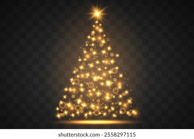 Shiny Christmas tree. Golden shining spruce.Vector shiny lights in the form of a Christmas tree.Happy New Year.Vector illustration on png background.