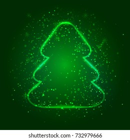 Shiny Christmas tree on dark green background with Flash Light. Vector illustration for Christmas and New Year greeting or invitation card, banners or flyer.
