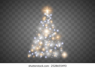 Glänzender Christbaum. Funkelnde Lichter.Golden leuchtender Tannenbaum im Luxus-Design.Frohes neues Jahr. Vektorgrafik auf PNG-Hintergrund.