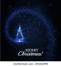Shiny Christmas tree with spiral glittering dust trail background. Vector eps10.