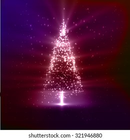Shiny christmas tree vector background. Light effects, bokeh.