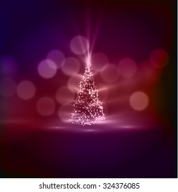 Shiny christmas tree vector background. Light effects, bokeh.