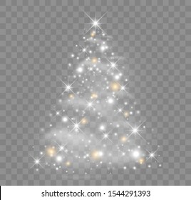 Shiny Christmas tree vector illustration with glowing particles and stars.