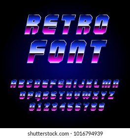 Shiny Chrome Alphabet In 80s Retro Sci-Fi Style. Vector Retro Galaxy Space Font In The Style Of The 1980 Holographic Font. Vector Illustration