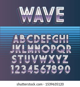 Shiny Chrome Alphabet in 80s Retro Futurism style. Vector font on retro wave style background