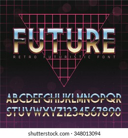 Shiny Chrome Alphabet In 80s Retro Futurism Style. Vector Font On Cityscape Background