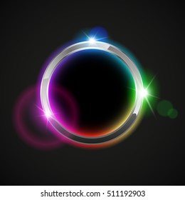 Shiny chrome metal ring with colored light effect, abstract vector background