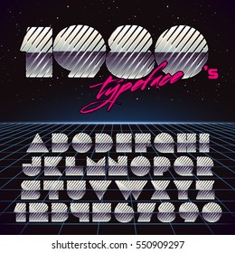 Shiny Chrome Retro Futuristic Font. Stylish Retro Synth Wave Alphabet In 80s Style. Vector Font On Laser Grid Background