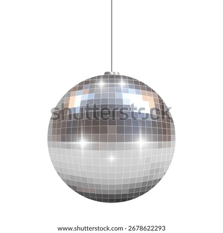 Shiny chrome or silver disco ball hangs and reflects light. Disco ball for disco, party. Holiday attribute. Vector illustration. Ideal for club posters, dance party invitations, and festive background