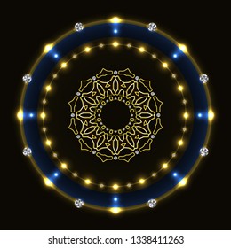 Shiny circle with mandala on black background.