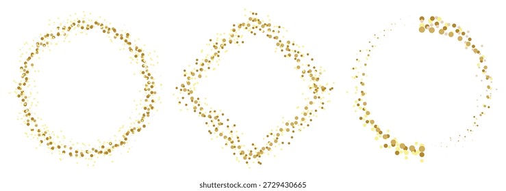 Círculo brilhante e retângulo com confete de ouro isolado no fundo branco. textura de poeira dourada para publicidade. Design de glamour para cartaz ou banner. Ilustração vetorial.
