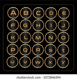 Shiny circles of golden metallic letters bold font style full uppercase alphabet set 3D illustration with a polished shiny glossy surface finish mirror on a black background with clipping path.