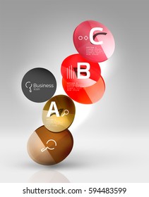 Shiny circles with text in 3d space, vector abstract background