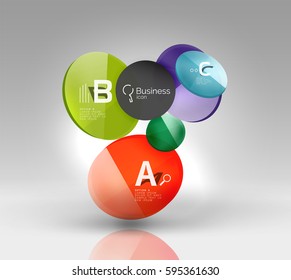 Shiny circles with text in 3d space, vector abstract background