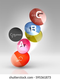 Shiny circles with text in 3d space, vector abstract background