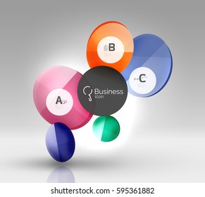 Shiny circles with text in 3d space, vector abstract background