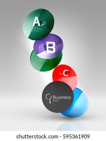Shiny circles with text in 3d space, vector abstract background