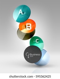 Shiny circles with text in 3d space, vector abstract background