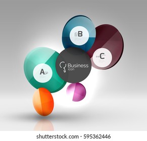 Shiny circles with text in 3d space, vector abstract background