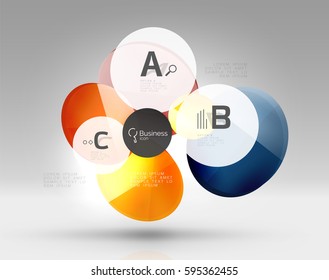 Shiny circles with text in 3d space, vector abstract background