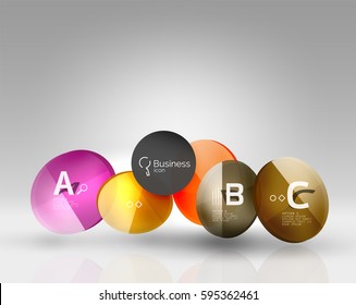Shiny circles with text in 3d space, vector abstract background