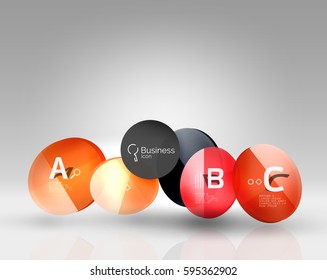 Shiny circles with text in 3d space, vector abstract background