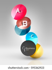 Shiny circles with text in 3d space, vector abstract background
