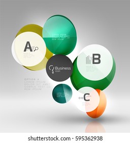 Shiny circles with text in 3d space, vector abstract background