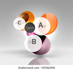 Shiny circles with text in 3d space, vector abstract background