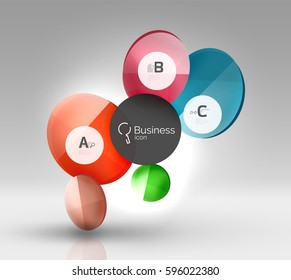 Shiny circles with text in 3d space, vector abstract background