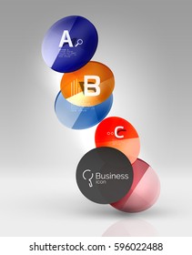 Shiny circles with text in 3d space, vector abstract background