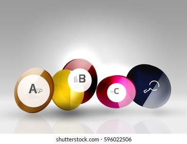 Shiny circles with text in 3d space, vector abstract background