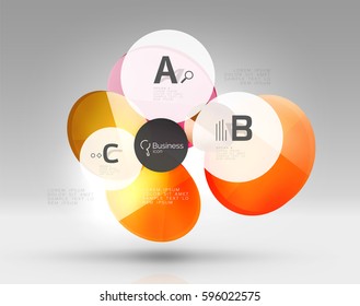 Shiny circles with text in 3d space, vector abstract background