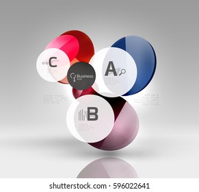 Shiny circles with text in 3d space, vector abstract background