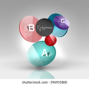 Shiny circles with text in 3d space, vector abstract background