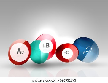 Shiny circles with text in 3d space, vector abstract background