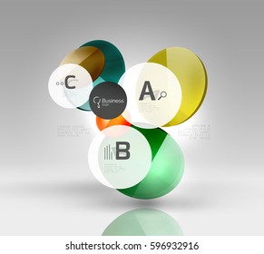 Shiny circles with text in 3d space, vector abstract background