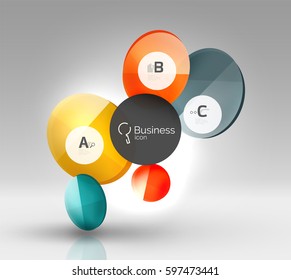 Shiny circles with text in 3d space, vector abstract background