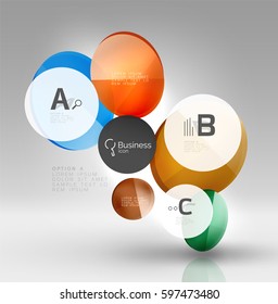 Shiny circles with text in 3d space, vector abstract background