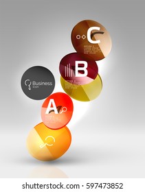 Shiny circles with text in 3d space, vector abstract background